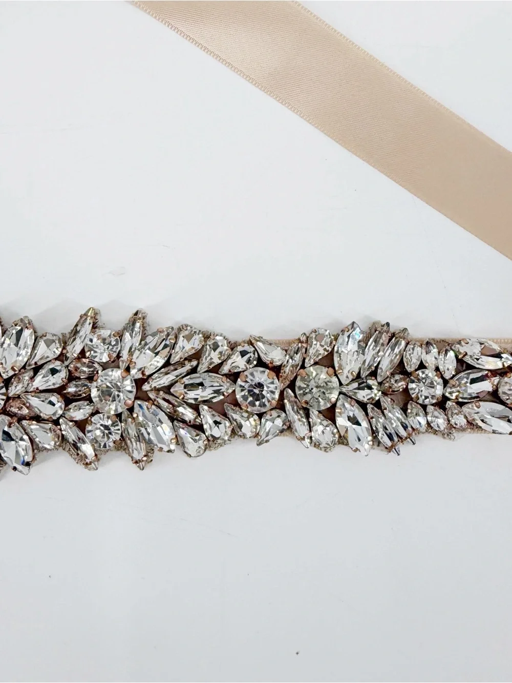 Bridal Tie Belt Sash Champagne Ribbon Crystal Rhinestone Embellishments Costume